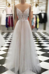 V Neck Floor Length Champagne Lace Formal Prom Dresses, Champagne Lace Wedding Dresses, Formal Dresses